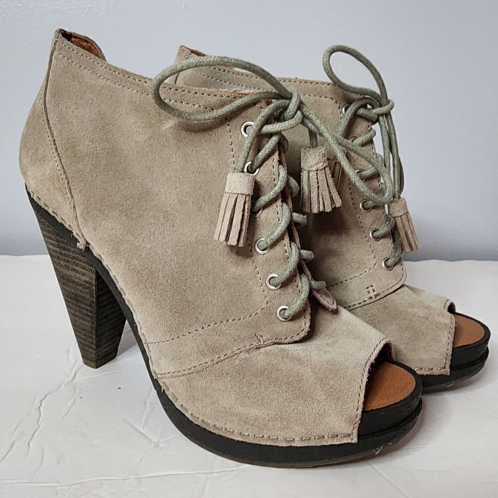 Lucky Brand leather upper open toe heeled booties lace up women's size 8
